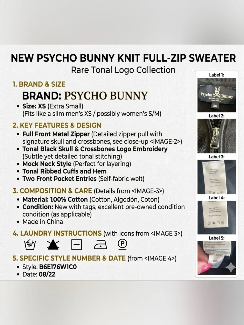 Psycho Bunny Men’s Black Full Zip Cotton Knit Cardigan Sweater Jacket XS